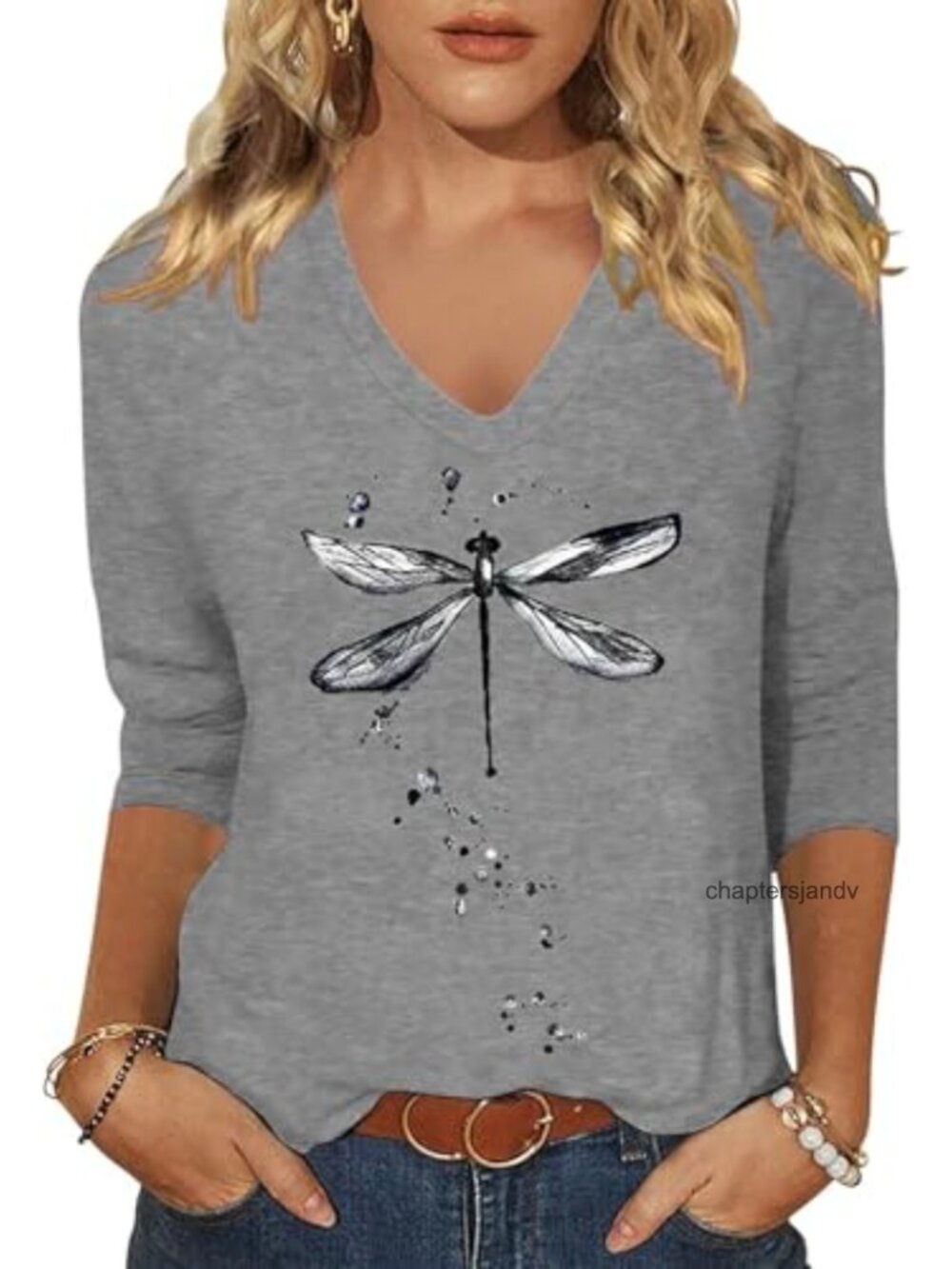 Women's V-Neck Boho Floral Graphic Tee 3/4 Sleeve Soft Polyester Blend Casual